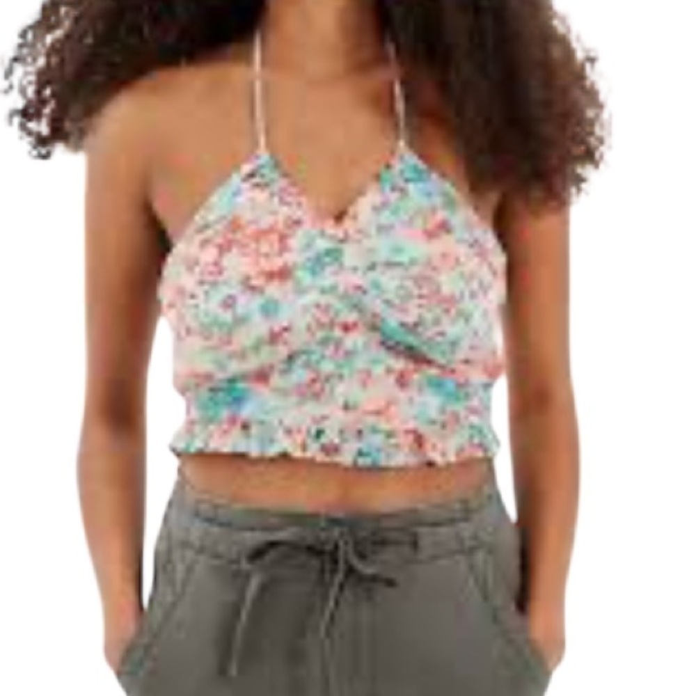 AMERICAN EAGLE Floral Cinch Front Cropped Halter Tank Top Pastel Y2K Smock S